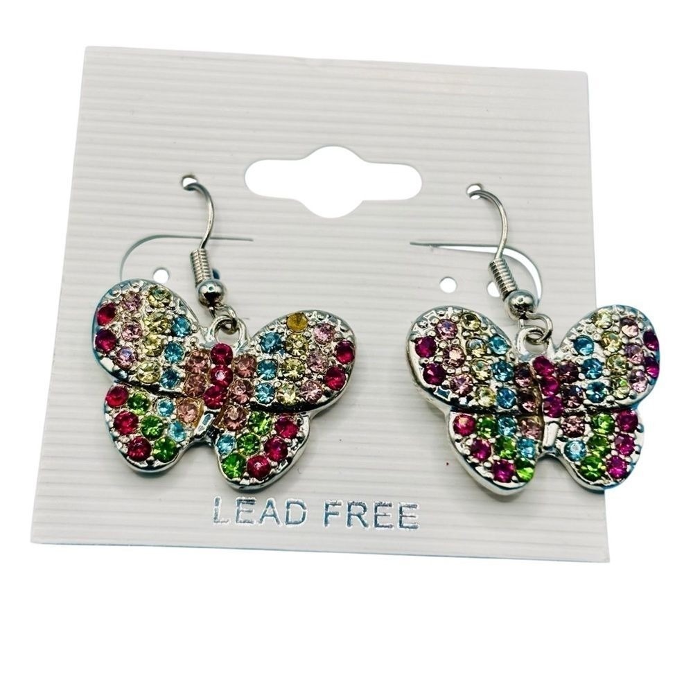 Multicolor Rhinestone Butterfly Drop Earrings Silver Tone Lead Free Jewelry